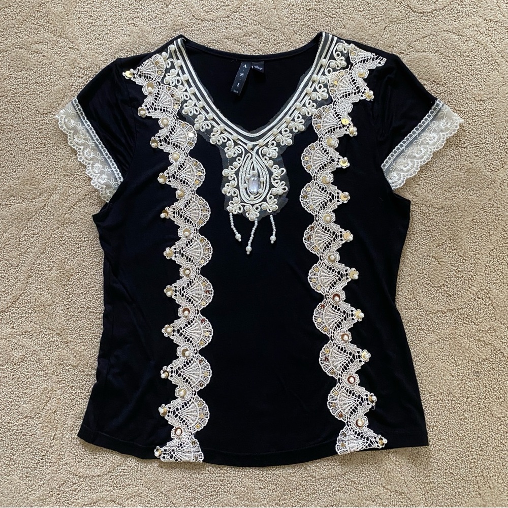 AZI Jeans Women’s Large Boho Top Black Embroidery Beads Lace Fringe Scalloped